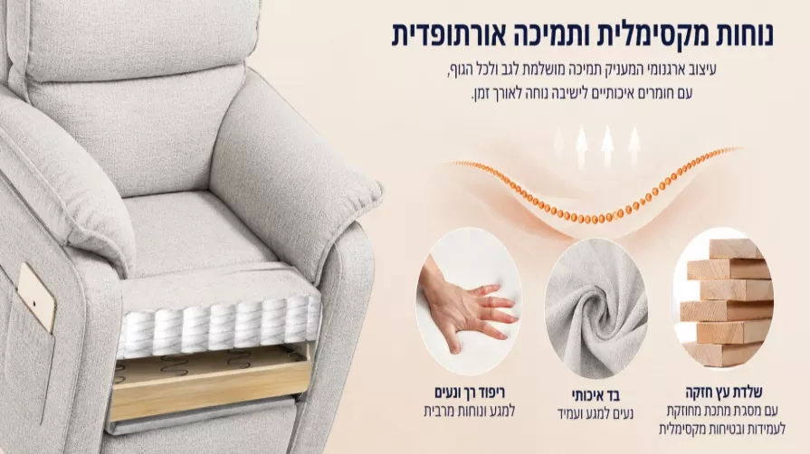 כורסת קימה חשמלית COMFY EASY LIFT צבע אפור כהה מתצוגה ועודפים