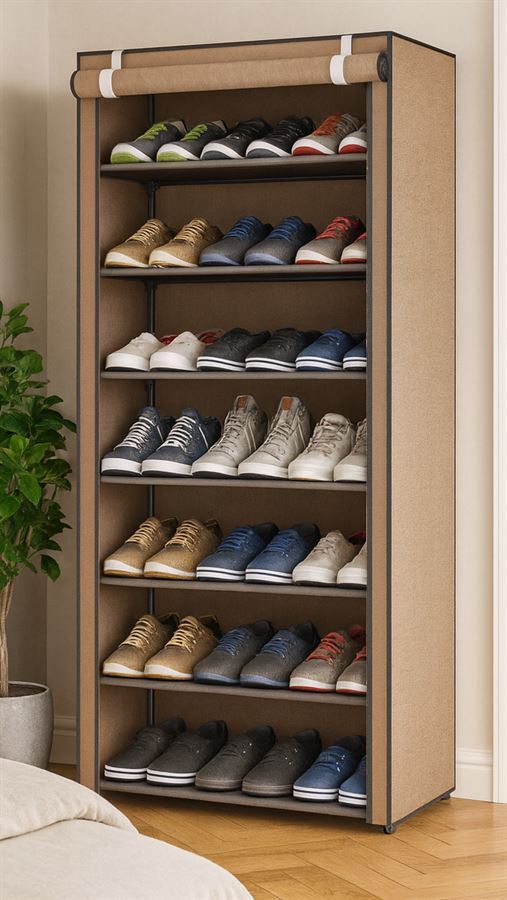 ארונית נעליים 7 קומות עם כיסוי בד מתצוגה ועודפים