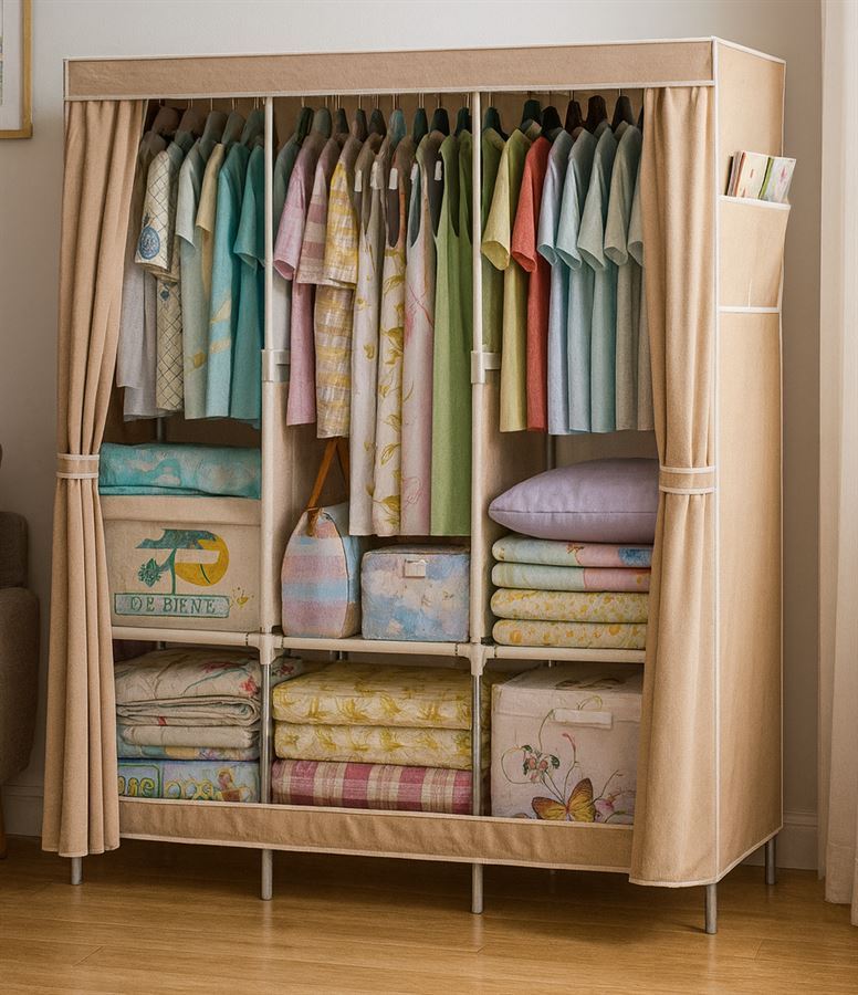 ארונית אחסון לבגדים ונעליים עם כיסוי בד מתצוגה ועודפים